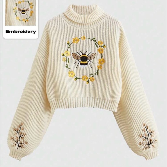 ROMWE Sweaters - ROMWE Cream Bee Embroidered Turtleneck Sweater